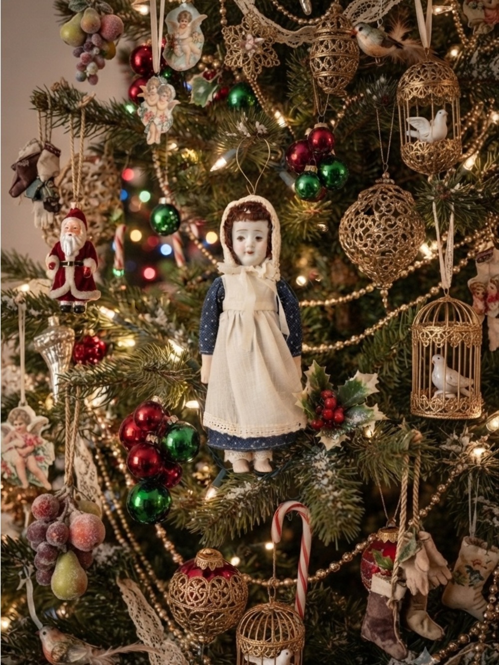 Antique style 7" Small Pale Procelain Bisque/Fabric White Face & Dress ornament